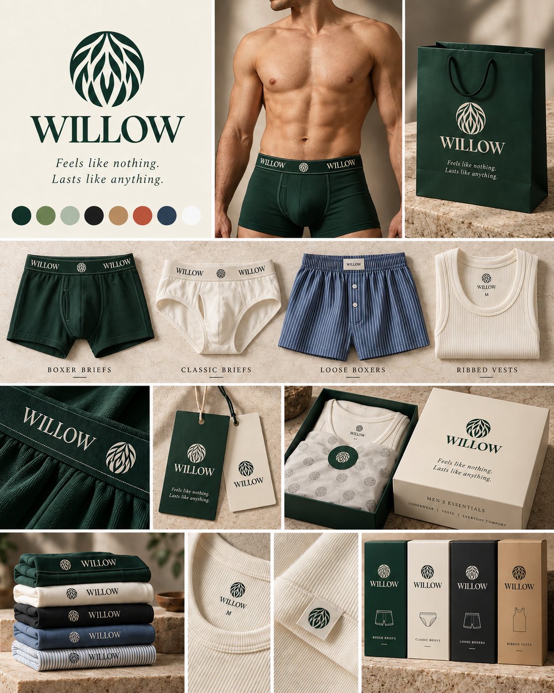 Full identity board showing the logo, palette, four launch styles and packaging