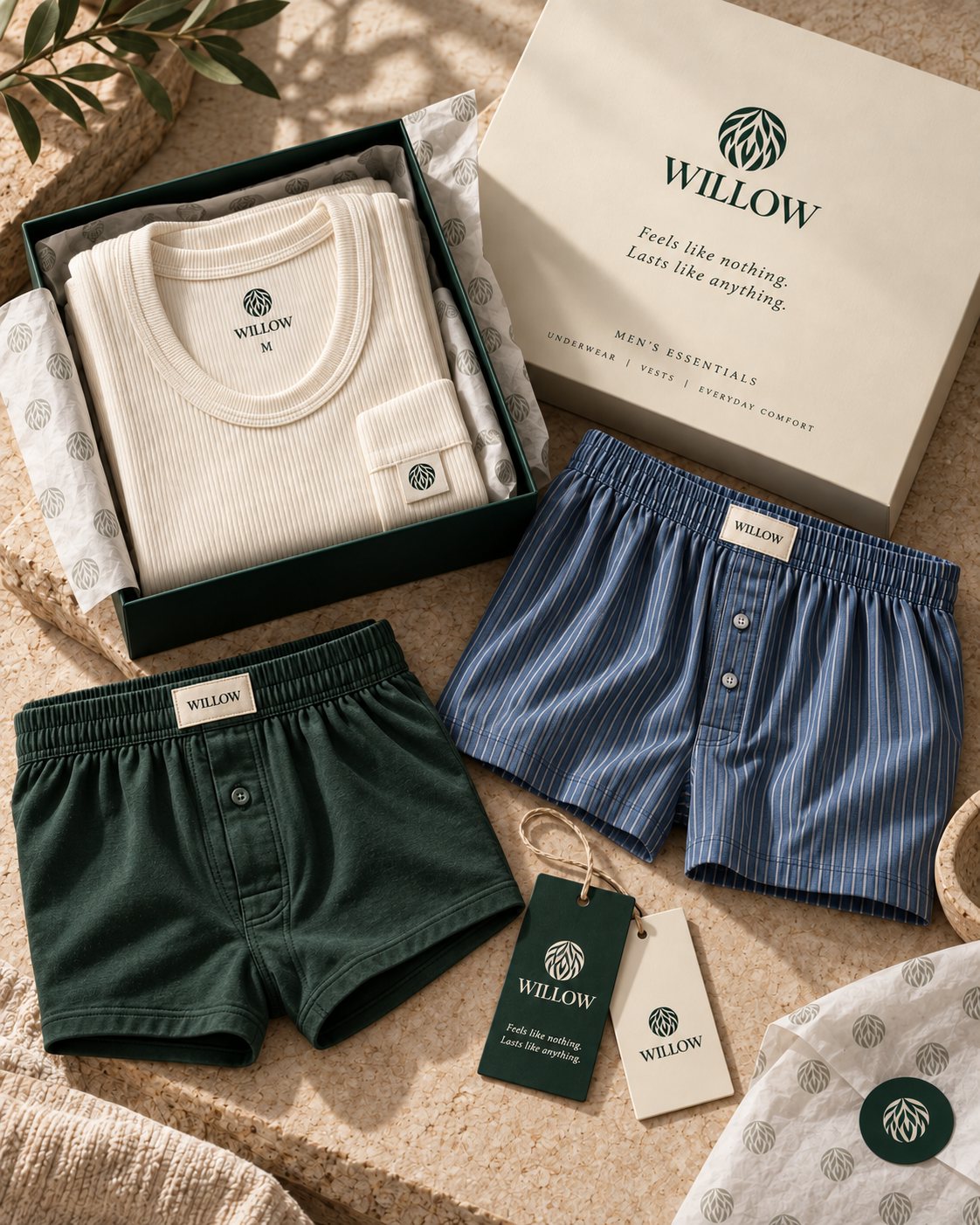 Willow gift box with a ribbed vest, green and striped boxers, tissue paper and hang tags