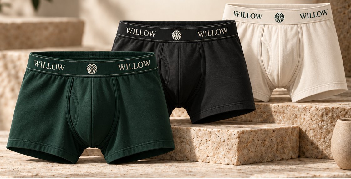 Three boxer briefs in green, black and white on stone plinths in warm light
